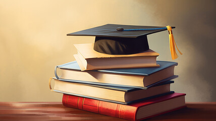 stack of books and student hat