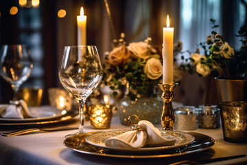 Elegant table setting with candles and flowers in restaurant. Selective focus. Romantic dinner setting with candles and flowers on table in restaurant.