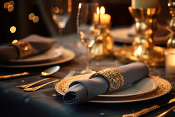 Elegant napkin. Elegant table setting. Selective focus. Romantic dinner setting with elegant napkin.
