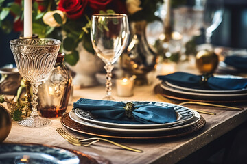 Obraz premium Elegant napkin. Elegant table setting. Selective focus. Romantic dinner setting with elegant napkin. 