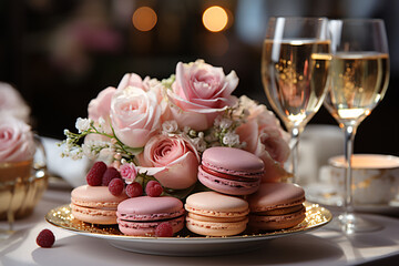 Plate with tasty macaroons and glasses of champagne on table