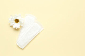 Menstrual pads and chamomile flower on color background
