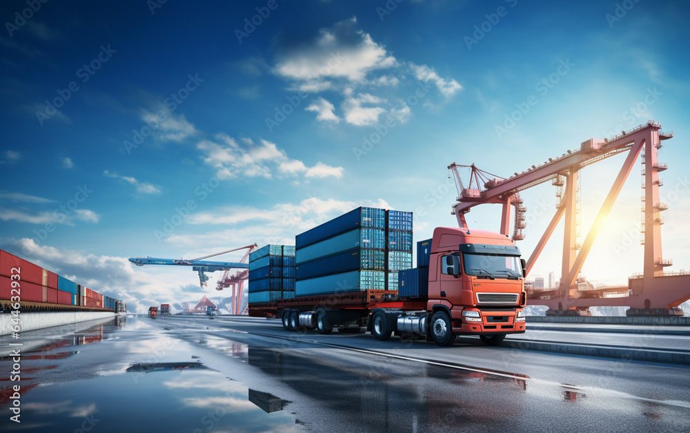 Wall mural Container truck in ship port for business Logistics and transportation of Container Cargo ship and Cargo plane with working crane bridge in shipyard