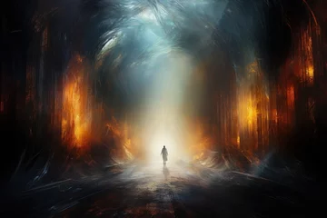 Foto op Canvas  Religious biblical concept of human death, soul goes to purgatory, road to heaven, light at the end of the tunnel, road to god, life and death, heaven, heaven and hell © Ruslan Batiuk