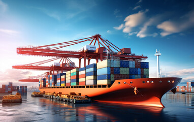 Container truck in ship port for business Logistics and transportation of Container Cargo ship and Cargo plane with working crane bridge in shipyard