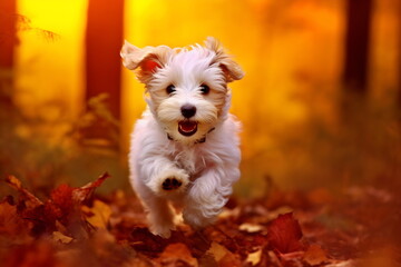 Active healthy puppy running with open mouth sticking out tongue in the forest on autumn