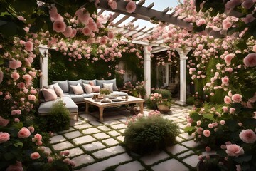 Fototapeta premium A tranquil backyard of a traditional home, featuring a pergola-covered patio surrounded by blossoming roses and climbing vines 