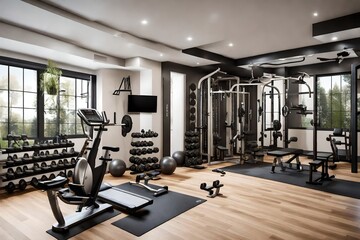 Fototapeta na wymiar A stylish home gym in a modern residence, equipped with state-of-the-art exercise equipment and motivating decor 