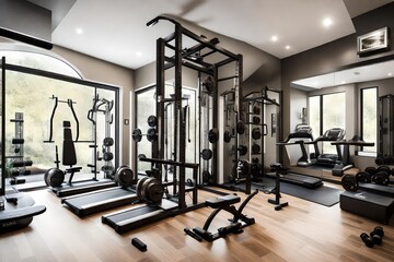 A stylish home gym in a modern residence, equipped with state-of-the-art exercise equipment and...