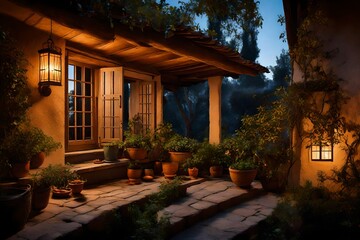 The inviting glow of a traditional home's windows as evening falls, offering a glimpse of the coziness within 