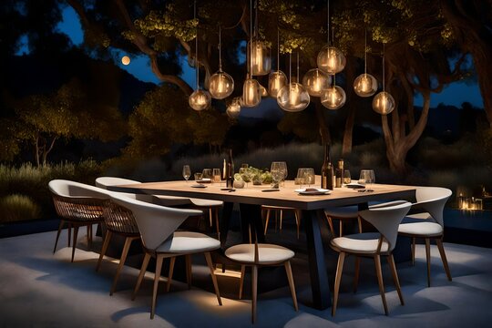 The modern elegance of an outdoor dining area, with a sleek table, designer chairs, and soft candlelight under the night sky 