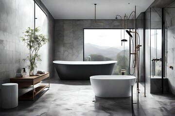 The striking design of a modern bathroom, featuring a freestanding bathtub and rainfall shower 