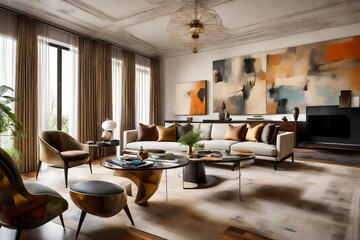 Fototapeta na wymiar The artistic flair of a living room, adorned with abstract paintings and designer furniture 