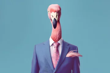 Fotobehang Flamingo in a blue jacket and tie © Canvas Alchemy
