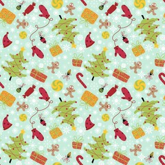 Christmas tree seamless winter gloves and Santa hat and gifts and candy pattern for wrapping paper and fabrics