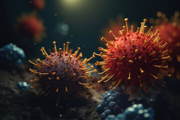Close-up of red and yellow viruses on a dark background.
