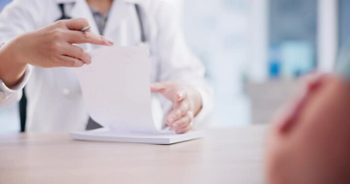 Doctor, hands and writing medication for patient in consultation, checkup or diagnosis on desk at hospital. Closeup of medical or healthcare professional with quote, prescription or sick letter
