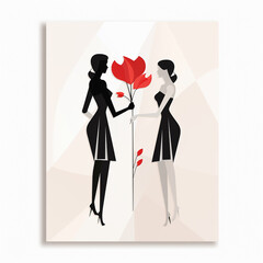Two women in dresses hold hands on a beige background. Valentine's Day. Cute gay couple. Girls love. LGBT pride. Character design.