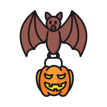 bat icon carrying a pumpkin bag filled with halloween candies,vector halloween,isolate on white background.