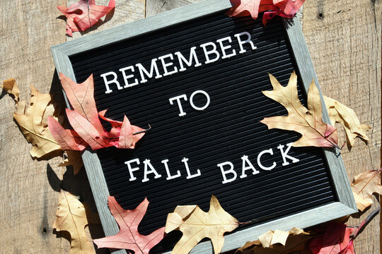 Remember to FALL BACK on message board with scattered autumn leaves around it.