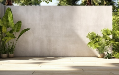 Empty exterior concrete wall with tropical style garden 3d render, decorate with tropical style tree, sunlight on the wall