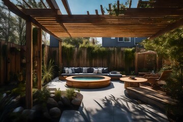 Fototapeta premium A townhouse's peaceful backyard retreat, featuring a small pond and a wooden pergola 