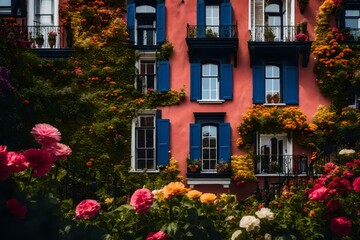 Obraz premium An enchanting view of a townhouse's exterior, framed by vibrant flowers and a clear blue sky 