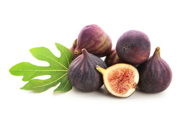 Fresh ripe figs and leaf on white background