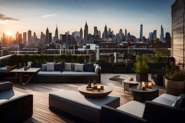 A townhouse's rooftop terrace, offering panoramic views of the surrounding cityscape 