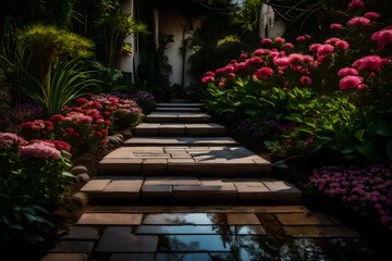 Fototapeta na wymiar The tranquility of a duplex's garden path, lined with stepping stones and blooming flowers 