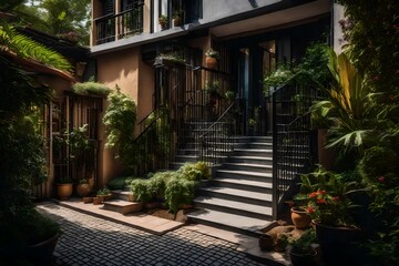 The inviting entrance of a duplex, with a charming pathway and well-tended landscaping 