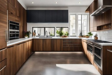 Fototapeta premium A duplex's stylish and functional kitchen, with open shelving and modern appliances 