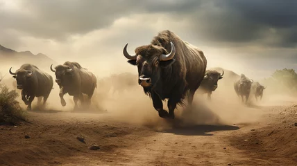 Fotobehang A herd of bulls runs through the desert © Daniel
