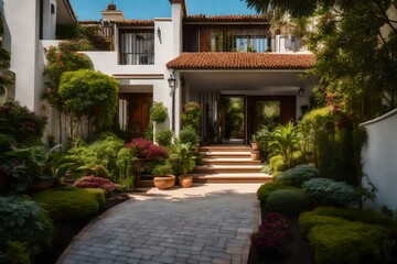 The inviting entrance of a townhouse, with a welcoming pathway and well-maintained gardens 