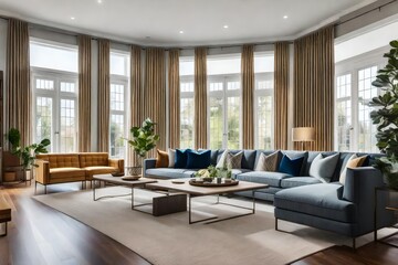 Fototapeta premium A spacious living room in a townhouse, featuring modern furnishings and abundant natural light 