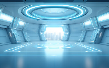 Empty light blue studio room futuristic Sci Fi big hall room with lights blue, Future background for design