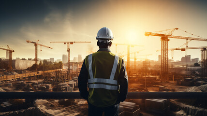 Fototapeta premium construction worker on construction site at sunset.