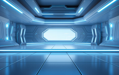 Obraz premium Empty light blue studio room futuristic Sci Fi big hall room with lights blue, Future background for design