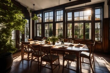 A townhouse's sunlit dining area, with a large window that overlooks a serene courtyard 