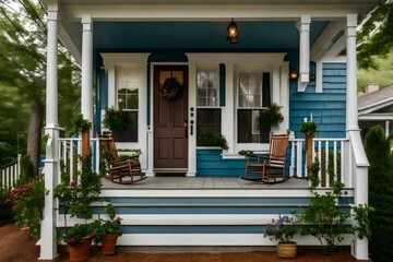 A duplex's charming front porch, furnished with rocking chairs for relaxation 