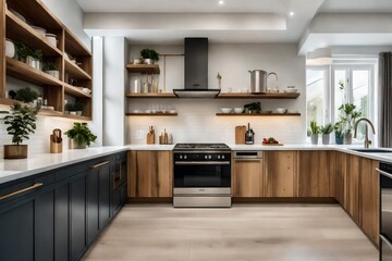 A townhouse's stylish and functional kitchen, with open shelving and modern appliances 