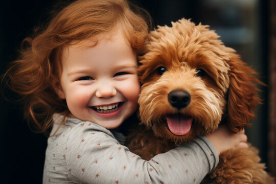 Cute little girl hugging poodle dog. Asthma triggers,hypoallergenic pets, allergy relief concept. Digital Ai.