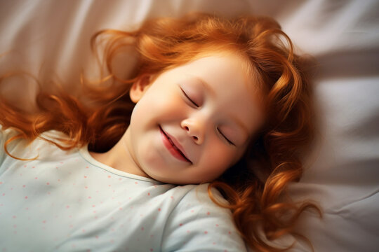 Cute little girl with curly red hair smiling in sleep. Happy, carefree childhood concept. Digital Ai.