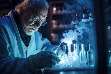 Scientist doing experiment, working with chemical flasks in laboratory