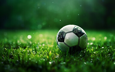 Fototapeta premium Football, juicy green grass and soccer ball