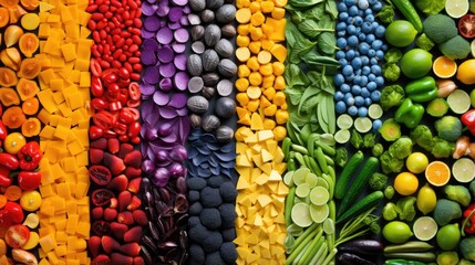 Background of vegetables, fruits and berries. Top view of stalls with organic plant products in the farmer's market or store. Products for a healthy diet. Bright colorful showcase. © Login