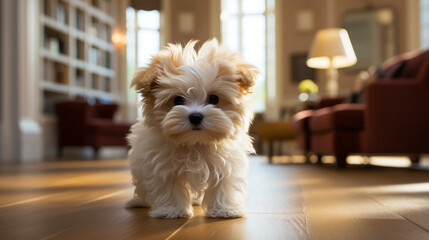 adorable yorkshire terrier puppy at home - obrazy, fototapety, plakaty