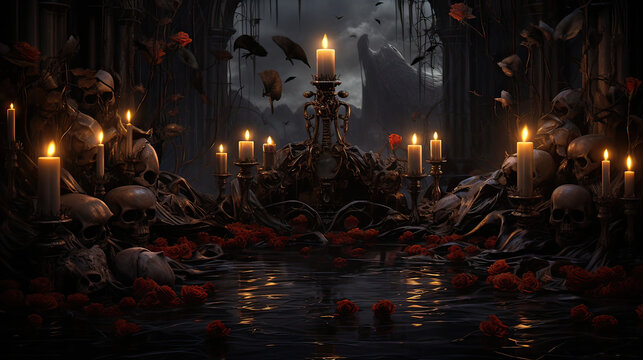 A scary scene with roses and candlelight. AI generative