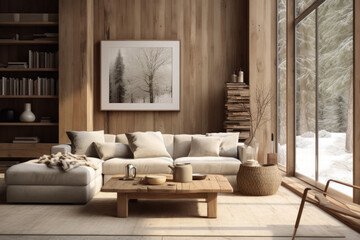 Interior of living room with wood furniture in rustic style in winter