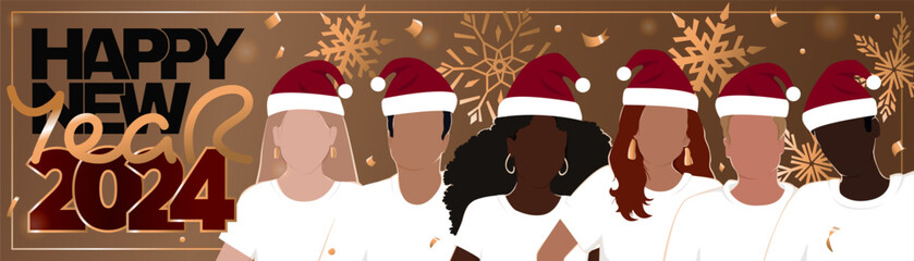 Happy New Year 2024 long horizontal banner. A group of diverse people wearing Santa hats. Modern flat illustration with golden snowflakes.